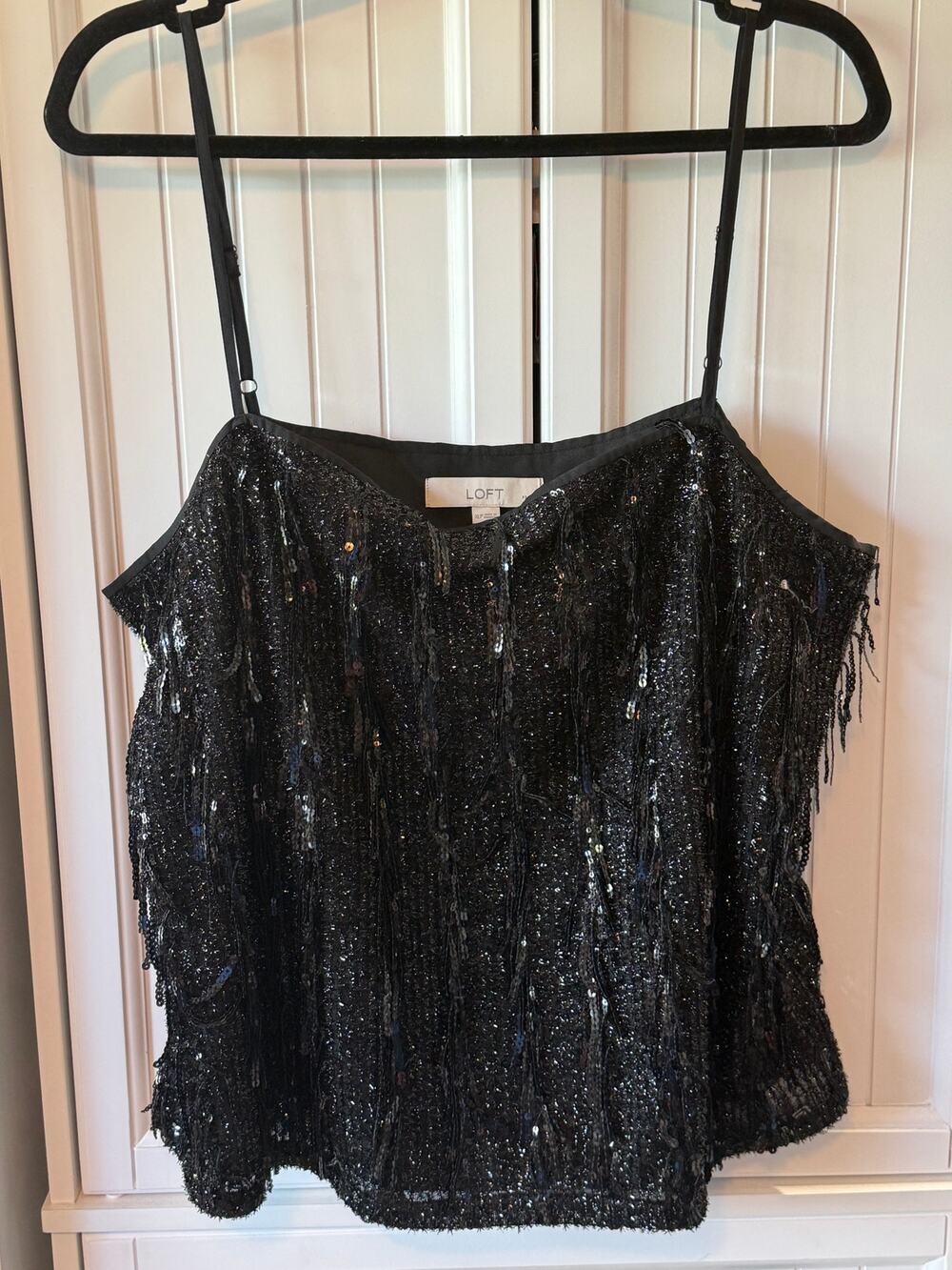LOFT Women's Black Sequin Fringe Square Neck Cami Top Size XLP NWT